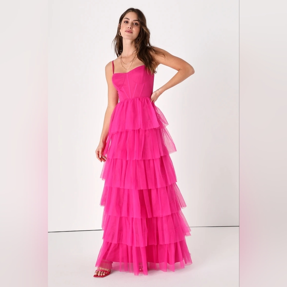 Lulu's Rule the Runway Hot Pink Tulle Bustier Tiered Maxi Dress Barbiecore Party